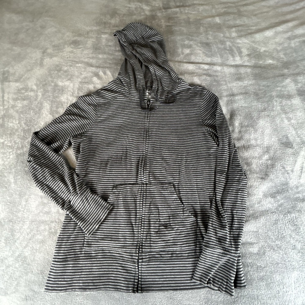 Gap Body Striped Hoodie Womens XL Gray & Black Thumb Holes Stretch Full Zip